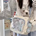 Japanische süße Leinwand Ita Tasche mit durchsichtiger Tasche für Pins und Plüschtieranhänger. - Mit Anhänger / Weiß