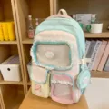 Süßer Pastell-Farbblock-Schulrucksack mit transparenter Tasche und niedlicher Spitzenborte - Ohne Anhänger Oder Plüschtier / Grün