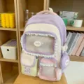 Süßer Pastell-Farbe-Block College-Rucksack mit Spitzenbesatz und mehreren Fächern für Schule. - Ohne Anhänger Oder Plüschtier / Lila