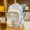Süßer Pastell Farbblock Multi-Taschen Schüler Rucksack Variante im tollen Stil - Ohne Anhänger Oder Plüschtier / Blau