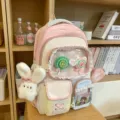 Süßer farbblockierter Schulterrucksack mit transparenter Tasche und Plüschhase Anhänger. - Mit Anhänger Und Zwei Lollis / Rosa