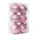 Pink ribbed Christmas ball ornament set 6pcs plastic shiny glitter hanging decor for tree - 6cm 6 Pieces/Box / Pink