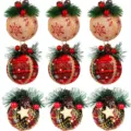 Set de bolas para árbol de navidad, adornos de tela a cuadros y yute con piñas. - 8 cm estilo 17 (embalaje de PVC)