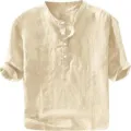 Men casual short sleeve linen shirt summer solid color breathable pullover top comfortable outfit - S / Tops / Off White