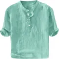 Close-up detail of casual men's summer short sleeve linen henley shirt in mint green. - S / Tops / Cyan