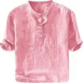 Men's pink linen short sleeve casual henley shirt summer breathable comfortable pullover top - S / Tops / Pink