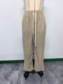 Corduroy straight leg casual pants detail view, showing soft textured fabric and elastic drawstring waist. - 3XL / Khaki