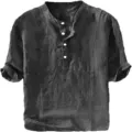 Charcoal grey men linen blend henley shirt close up detail view short sleeve casual top - S / Tops / Black