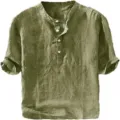 Men linen short sleeve shirt detail view, breathable summer casual pullover top design. - S / Tops / Army Green