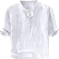 Men casual linen shirt short sleeve detail view, breathable summer pullover top design. - S / Tops / White