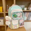 Süßer Pastell-Farbblock-Rucksack mit mehreren Fächern und niedlichem Hasen-Anhänger für Schüler. - Mit Anhänger Und Zwei Lollis / Grün