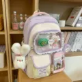 Süßer Dopamin Farblock Rucksack süße Schultasche mit Plüschhase Anhänger und durchsichtiger Tasche - Mit Anhänger Und Zwei Lollis / Lila