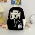 Zaino carino nero e bianco con stella per ragazze, borsa scolastica elegante con borsellino. - Piccola Taglia con Distintivo in Peluche di Orso / Nero