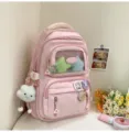 Rosa süßer Schulrucksack für Kinder Grundschüler mit transparentem Pin-Anzeigefenster. - Rucksack / Mit Abzeichen und Anhänger / Rosa