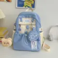 Zaino in tela azzurro e crema con toppa a stella e mini portamonete, stile carino casual. - Piccola Taglia con Distintivo in Peluche di Orso / Blu
