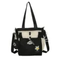 Schwarz-weiße Canvas Schultertasche mit kleiner Münztasche, lässige Umhängetasche. - Schultasche (Ohne Anhänger) / Schwarz