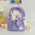 Zaino viola in stile giapponese carino con motivo a stella e mini borsa per la scuola e viaggi - Piccola Taglia con Distintivo in Peluche di Orso / Viola