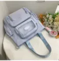 Süßer pastellblauer Schulrucksack mit mehreren Taschen und durchsichtigem Fach für Mädchen - Studientasche / Ohne Abzeichen und Anhänger / Blau