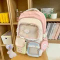 Süßer, farbenfroher Studentenrucksack mit klaren Taschen und verspielten Spitzenbesatz-Details. - Mit Schleife Knochen Anhänger / Rosa
