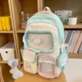 Süßer Dopamin Farblock Schulrucksack mit transparenter Tasche süßer Mädchen Büchertasche - Mit Schleife Knochen Anhänger / Grün