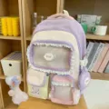 Süßer Dopamin-Farbblock-Rucksack für Schüler mit transparenter Vordertasche und süßen Schleifen. - Mit Schleife Knochen Anhänger / Lila