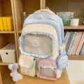 Süßer pastellfarbener Rucksack mit transparenter Spitzentasche und vielen Fächern für die Schule. - Mit Schleife Knochen Anhänger / Blau