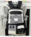 Koreanischer Stil College niedlicher schwarz-weißer Rucksack mit Karomuster und Katzen. - Basisstil / Schwarz