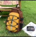 Brown yellow color block canvas backpack, stylish casual outdoor travel daily daypack. - S / Tan
