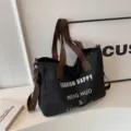 Schwarze Canvas Schultertasche, große lässige Tote Bag mit braunen Trägern für den Alltag - Ohne Anhänger / Schwarz