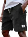 Mens casual corduroy shorts loose fit summer streetwear with drawstring and pocket label - L / Bottoms / Black