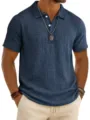 Men's casual linen-blend polo shirt fabric detail showing short sleeves and button placket. - S / Tops / Burgundy