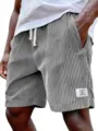 Men casual loose corduroy shorts thick striped summer beach shorts with white label - S / Bottoms / Light Gray