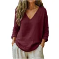 Women's Casual Long Sleeve V-Neck Cotton Linen Loose Blouse Burgundy Spring Summer Fashion Top - S / Tops / Burgundy