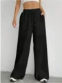 Donna casual tinta unita coulisse dritta tasche pantaloni comodi per abbigliamento - Taglia S / Pantaloni e gonne / Nero