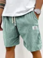Men's corduroy casual drawstring shorts with white label detail, comfortable summer wear. - S / Bottoms / Apricot