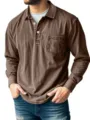 Detail shot of men's long sleeve polo shirt in washed brown with chest pocket and collar. - S / Tops / Brown