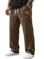 Mens brown waffle knit straight leg casual pants with drawstring and pocket patch. - S / Bottoms / Dark Brown