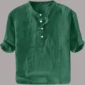 Men's Green Linen Short Sleeve Henley Shirt Casual Summer Breathable Pullover Top - S / Tops / Dark Green