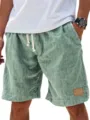 Men's casual linen-feel green drawstring shorts with pocket and leather patch detail. - S / Bottom (A626) / Light Green