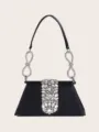 Elegante schwarze Satintasche mit Strass Details luxuriöse Pailletten Party Handtasche. - Schwarz