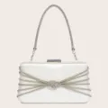 Elegante Damen Abendtasche mit Strass und Schleife, Kette, luxuriöse Clutch Tasche - Weiß