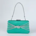 Elegante grüne Satin-Abendtasche mit funkelndem Strass-Knoten und luxuriösem Kettenhenkel. - Cyan