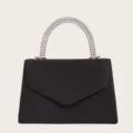 Black velvet evening bag with chic metallic woven handle elegant clutch purse for women - Black