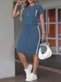 Women two piece summer outfit short sleeve t-shirt and skirt casual daily wear fashion set. - S / Top And Bottom / Light Blue