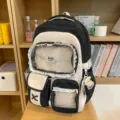 Süßer farbgesperrter Studentenrucksack mit Klarsichttaschen und niedlicher Spitzenverzierung. - Mit Mond Anhänger / Schwarz
