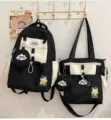 Süßes schwarz-weißes Canvas-Rucksack- und Taschen-Set mit Mini-Täschchen für Schülerinnen. - 2-Teiliges Set Mit Anhänger / Schwarz