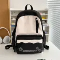 Japanischer Stil schwarz-weißer Canvas Rucksack mit Vordertasche und stylischem Print. - Große Größe (Ohne Anhänger) / Schwarz