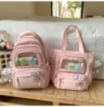 Rosa asthetischer Schulrucksack und Tragetasche Set mit klarem Fach und susen Pins. - Zweiteiliges Set / Mit Abzeichen und Anhänger / Rosa