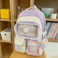 Pastellfarbener Schulrucksack mit transparenter Tasche, Spitzenbesatz und mehreren Fächern. - Mit Mond Anhänger / Lila