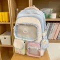 Süßer pastellfarbener Farbblock-Schülerrucksack mit transparentem Fach und Spitze. - Mit Mond Anhänger / Blau